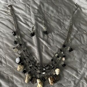 Black and Cream Multi-Strand Stone Necklace with Earrings